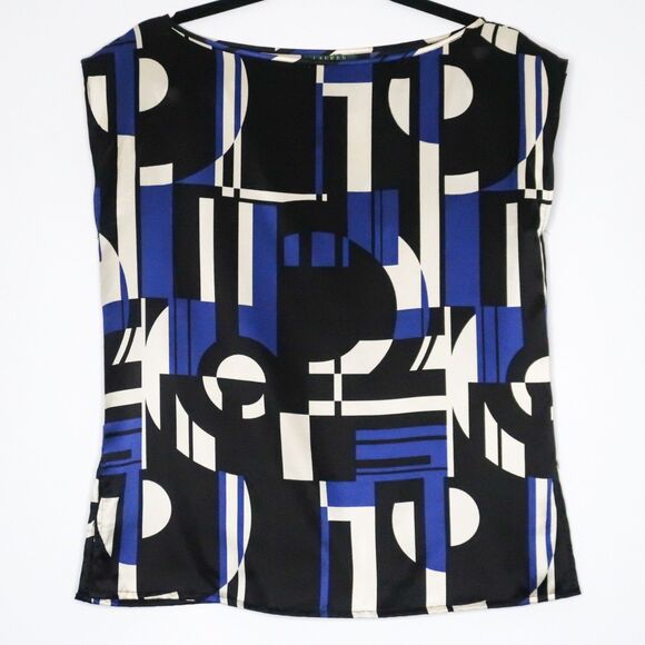 Lauren‎ Ralph Lauren Womens Silk Blouse Size Small Black Blue Geometric Office - Picture 1 of 6